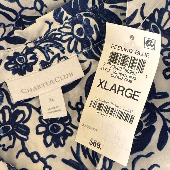 Charter Club X-Large Top Floral Long Sleeve Button-Up Ruffled Collar Blue White - Picture 7 of 9